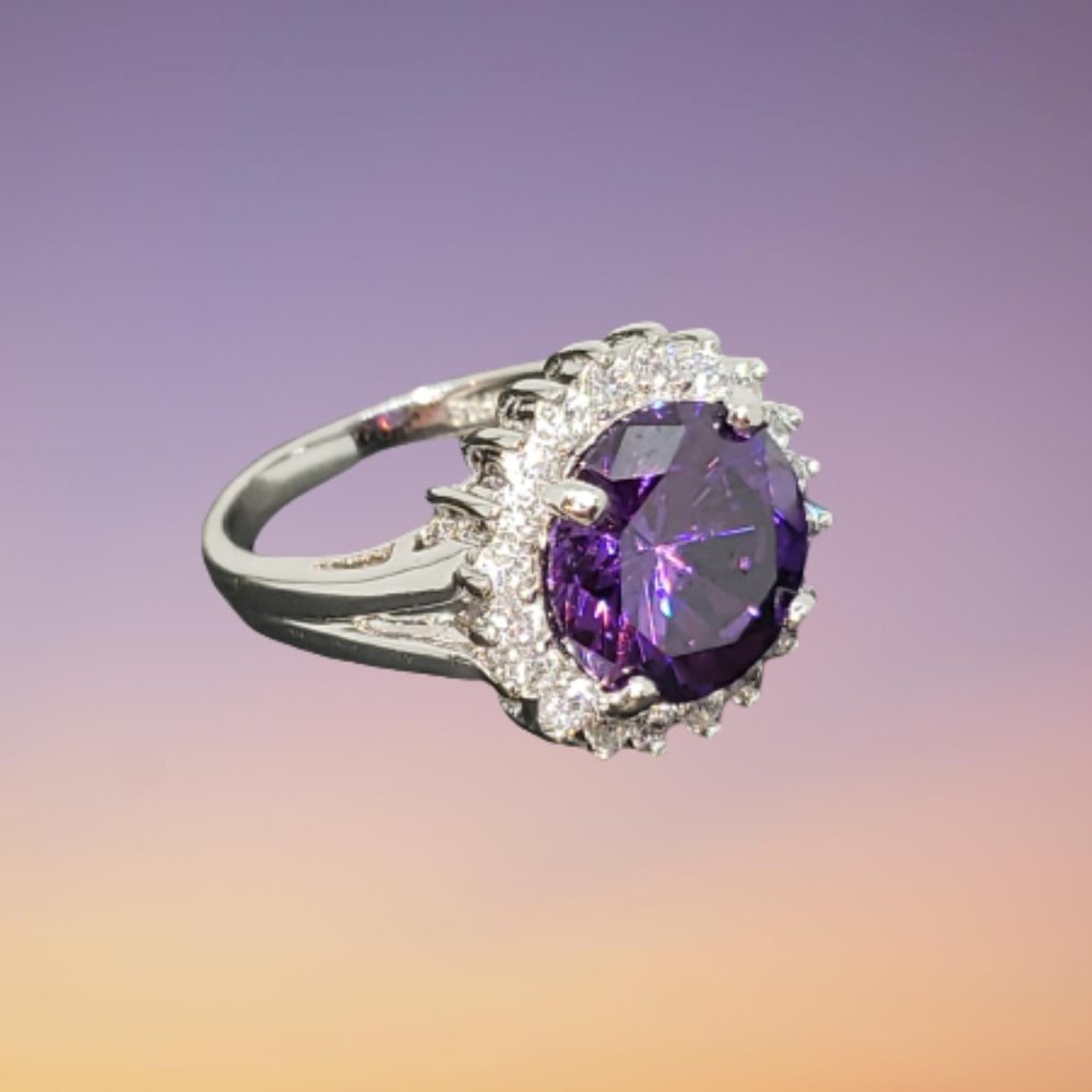 Beautiful Sparkling Simulated Amethyst & Clear Sterling Silver Ring Size 7